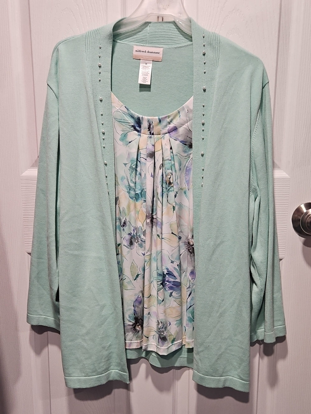 Alfred Dunner Mint Green Open-Front Cardigan with Pastel Floral Shell